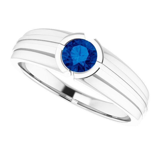 Round Lab-Grown Blue Sapphire Mens Ring in Gold and Platinum