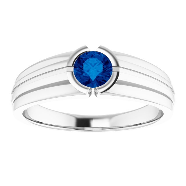Round Lab-Grown Blue Sapphire Mens Ring in Gold and Platinum