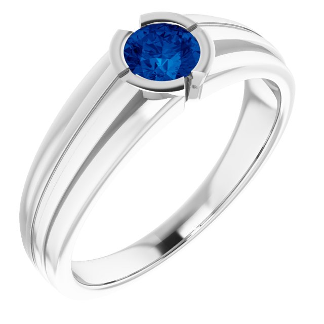 Round Lab-Grown Blue Sapphire Mens Ring in Gold and Platinum