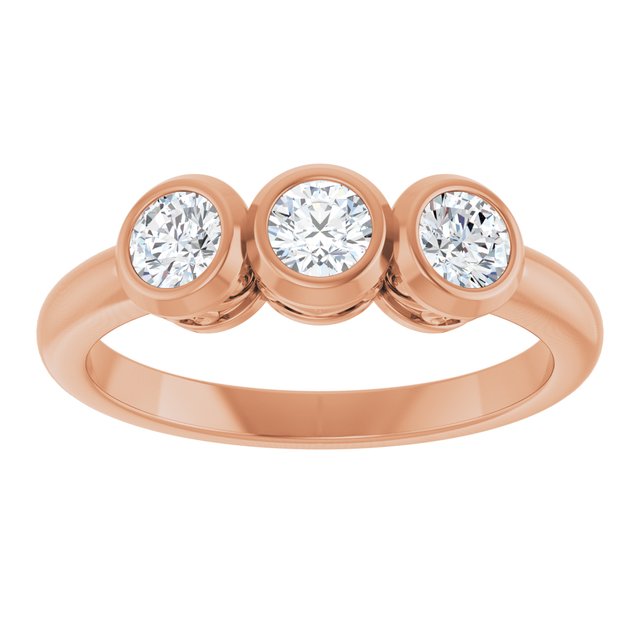 Round White Sapphire Three Stone Ring in Rose Gold
