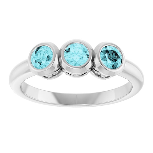 Round Blue Zircon Three Stone Ring in White Gold