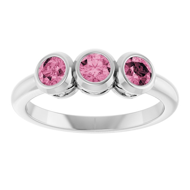 Round Pink Tourmaline Three Stone Ring in White Gold