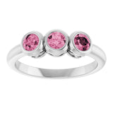 Round Pink Tourmaline Three Stone Ring in White Gold