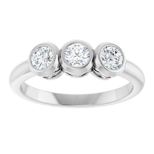 Round White Sapphire Three Stone Ring in White Gold