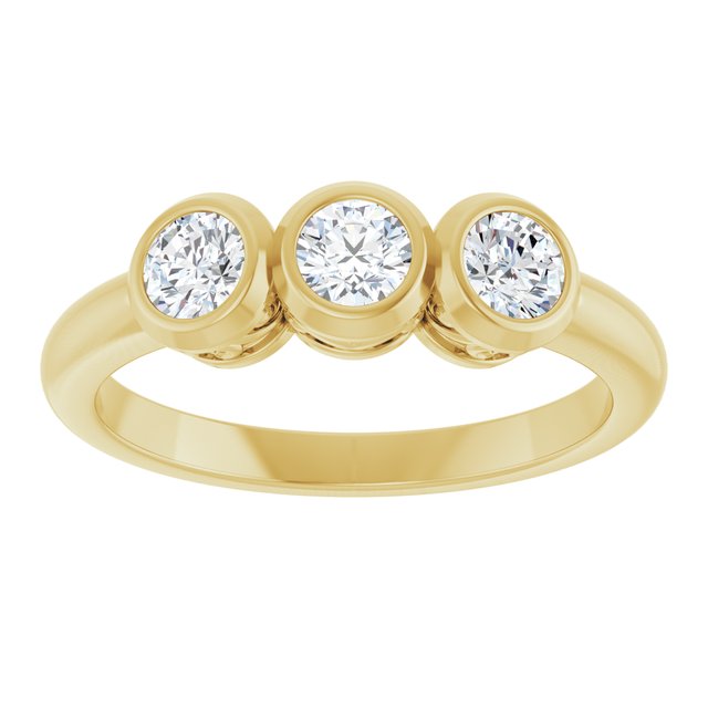 Round White Sapphire Three Stone Ring in Yellow Gold