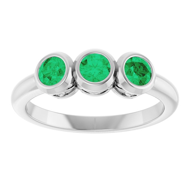 Round Lab-Grown Emerald Three Stone Ring in White Gold