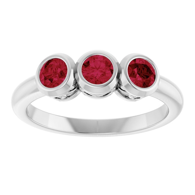 Round Lab-Grown Ruby Three Stone Ring in White Gold