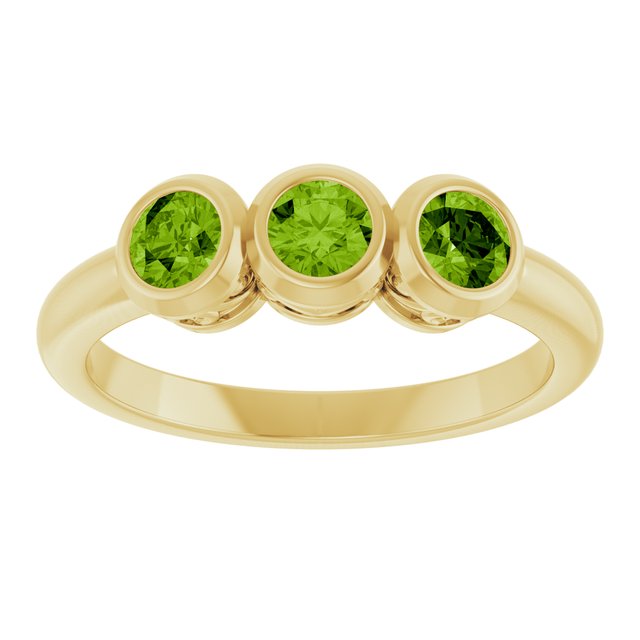 Round Peridot Three Stone Ring in Yellow Gold