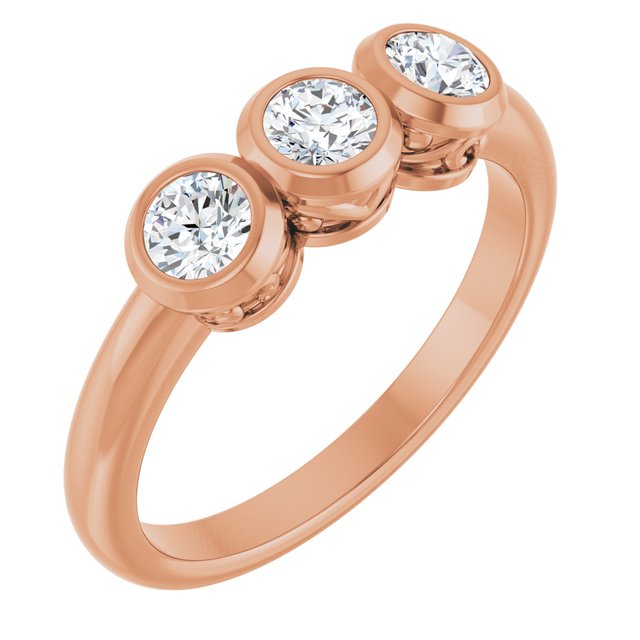 Round White Sapphire Three Stone Ring in Rose Gold