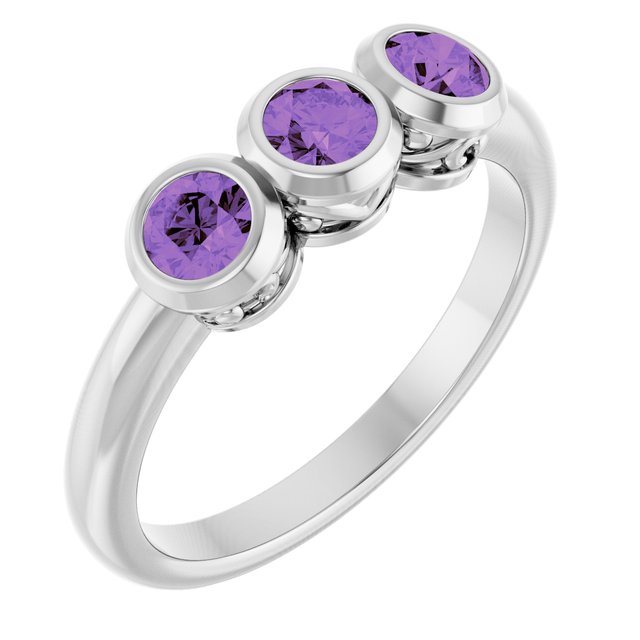 Round Amethyst Three Stone Ring in White Gold