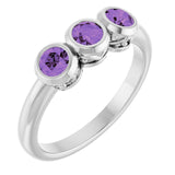 Round Amethyst Three Stone Ring in White Gold
