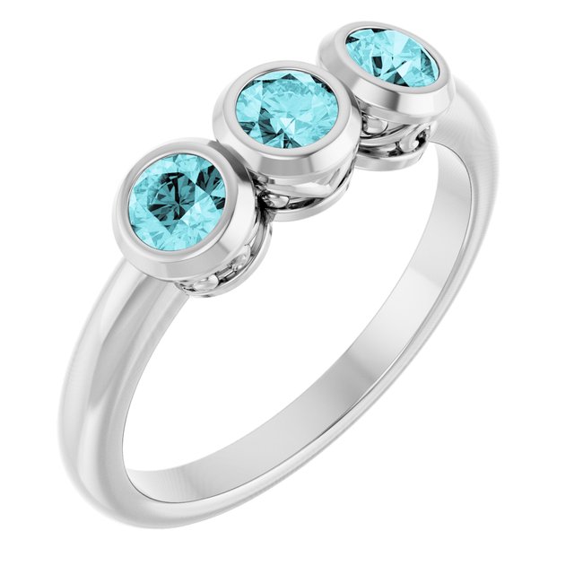 Round Blue Zircon Three Stone Ring in White Gold
