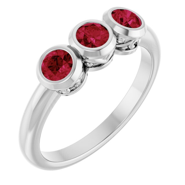 Round Lab-Grown Ruby Three Stone Ring in White Gold