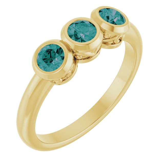 Round Lab-Grown Alexandrite Three Stone Ring in Yellow Gold