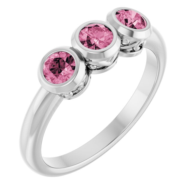 Round Pink Tourmaline Three Stone Ring in White Gold