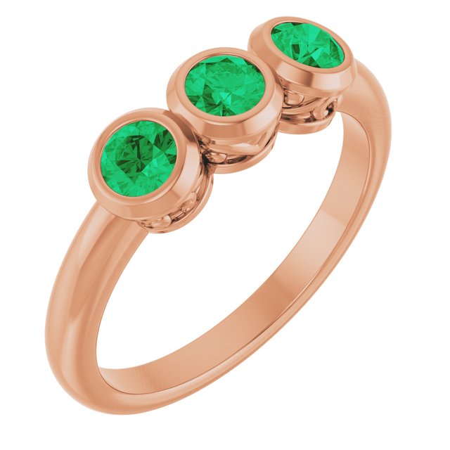 Round Lab-Grown Emerald Three Stone Ring in Rose Gold