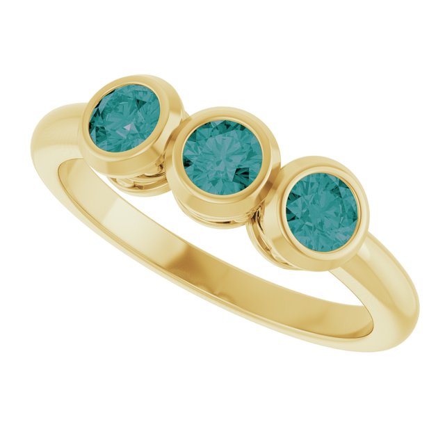 Round Lab-Grown Alexandrite Three Stone Ring in Yellow Gold