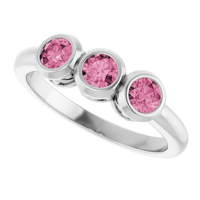 Round Pink Tourmaline Three Stone Ring in White Gold