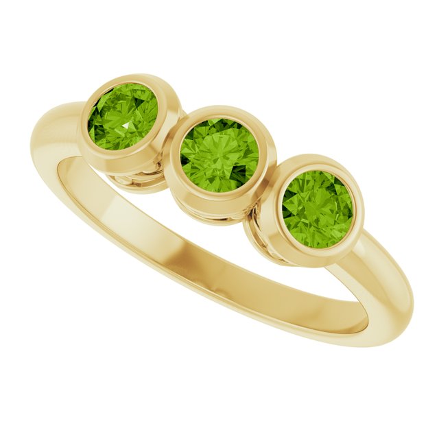Round Peridot Three Stone Ring in Yellow Gold