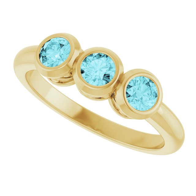 Round Blue Zircon Three Stone Ring in Yellow Gold