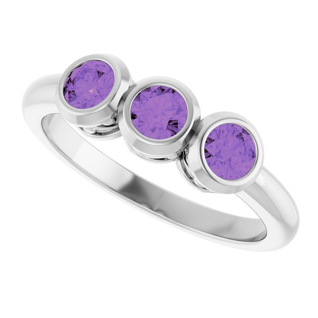 Round Amethyst Three Stone Ring in White Gold