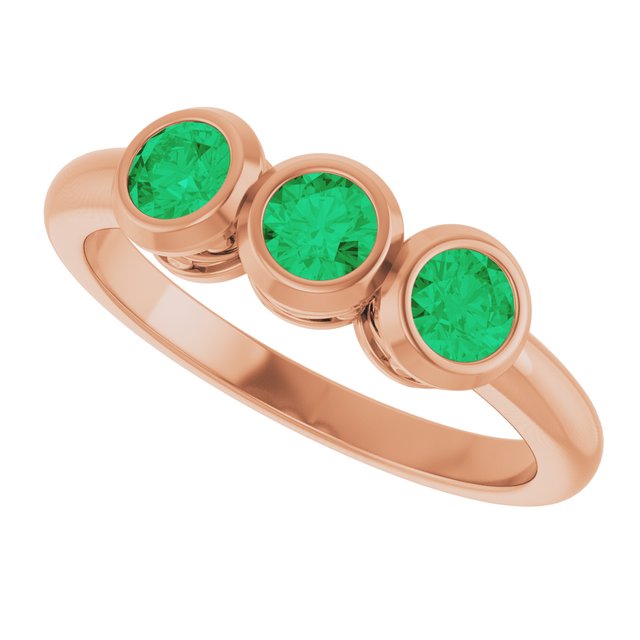 Round Lab-Grown Emerald Three Stone Ring in Rose Gold