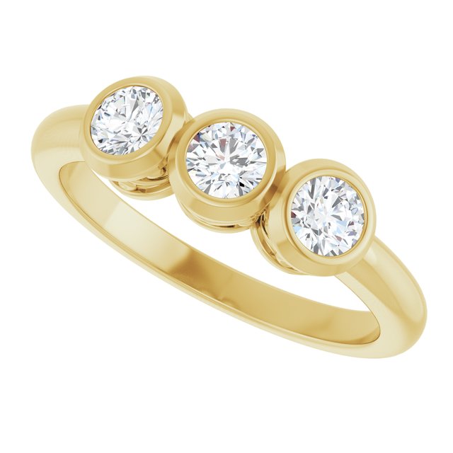 Round White Sapphire Three Stone Ring in Yellow Gold
