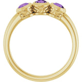 Round Amethyst Three Stone Ring in Yellow Gold