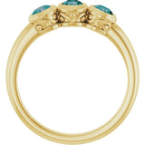 Round Lab-Grown Alexandrite Three Stone Ring in Yellow Gold