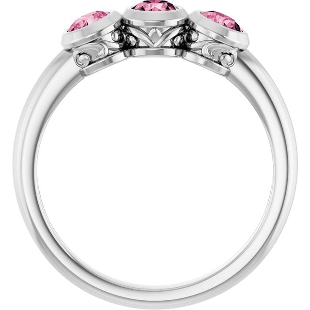 Round Pink Tourmaline Three Stone Ring in White Gold