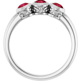 Round Lab-Grown Ruby Three Stone Ring in White Gold