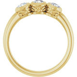 Round White Sapphire Three Stone Ring in Yellow Gold