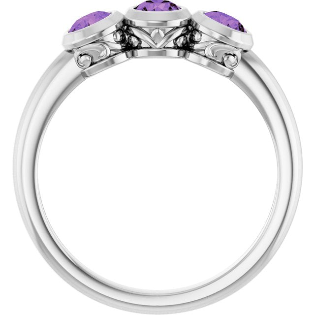 Round Amethyst Three Stone Ring in White Gold