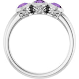 Round Amethyst Three Stone Ring in White Gold