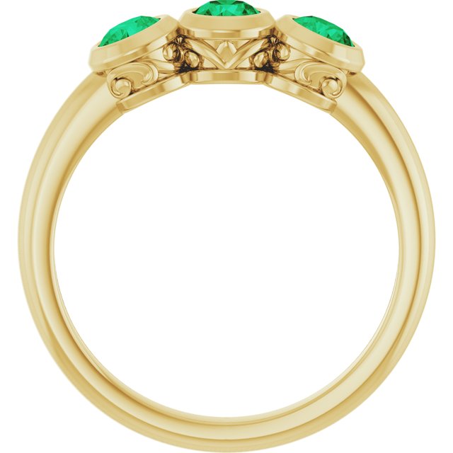 Round Lab-Grown Emerald Three Stone Ring in Yellow Gold