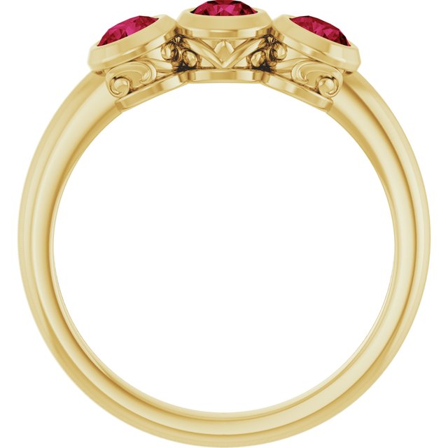 Round Lab-Grown Ruby Three Stone Ring in Yellow Gold
