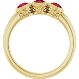Round Lab-Grown Ruby Three Stone Ring in Yellow Gold