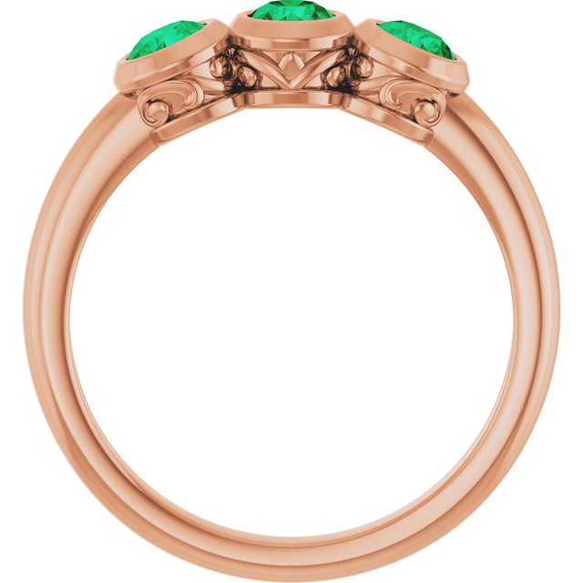 Round Lab-Grown Emerald Three Stone Ring in Rose Gold