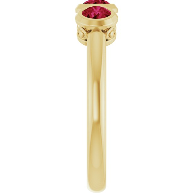 Round Lab-Grown Ruby Three Stone Ring in Yellow Gold