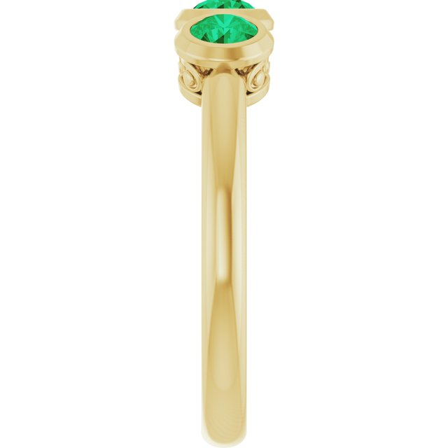 Round Lab-Grown Emerald Three Stone Ring in Yellow Gold