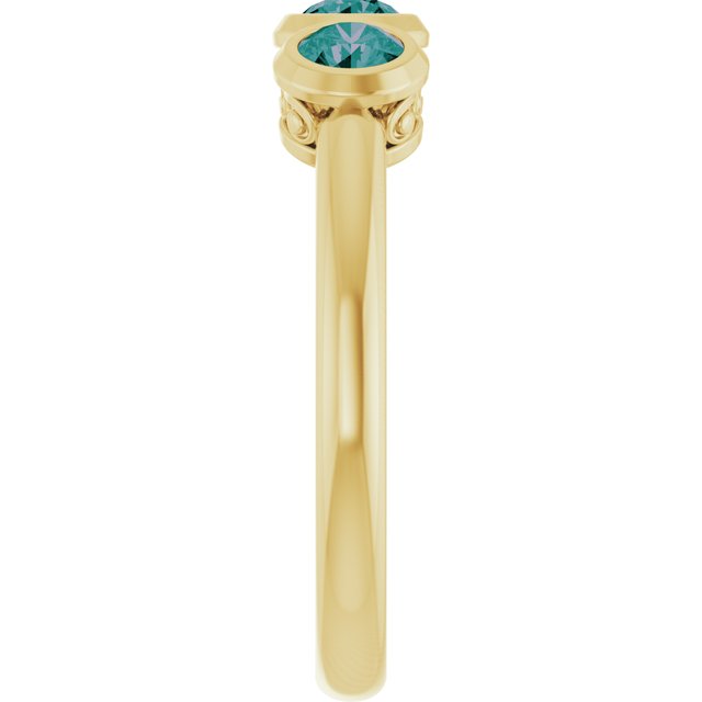 Round Lab-Grown Alexandrite Three Stone Ring in Yellow Gold