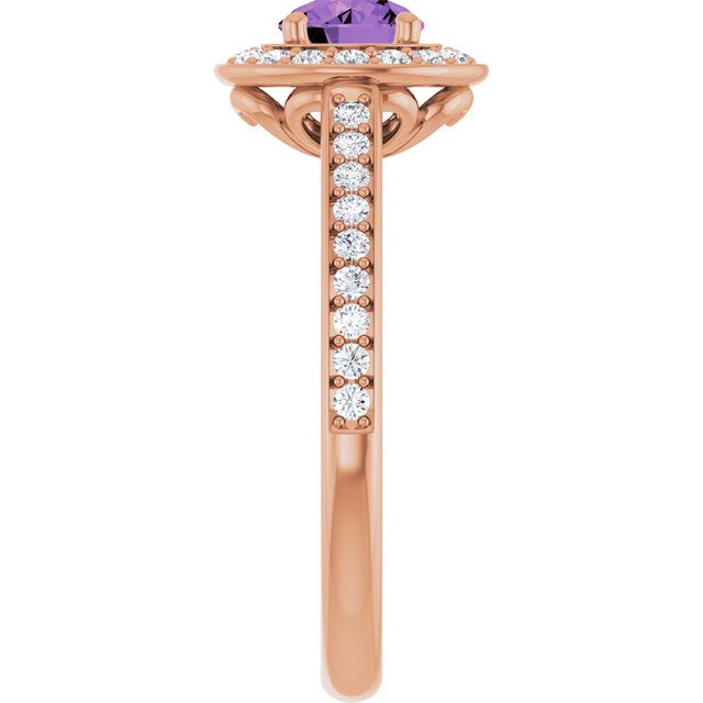 Round Amethyst Halo Ring with Diamond Accents in Gold and Platinum