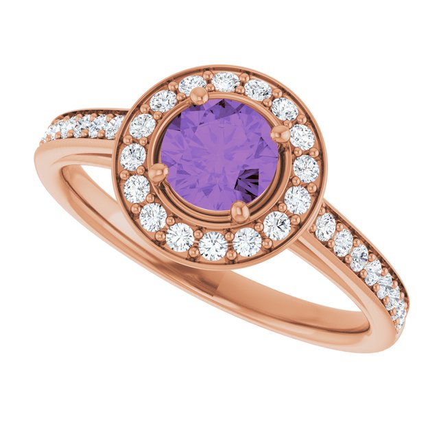 Round Amethyst Halo Ring with Diamond Accents in Gold and Platinum