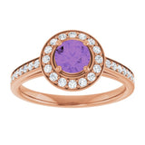 Round Amethyst Halo Ring with Diamond Accents in Gold and Platinum