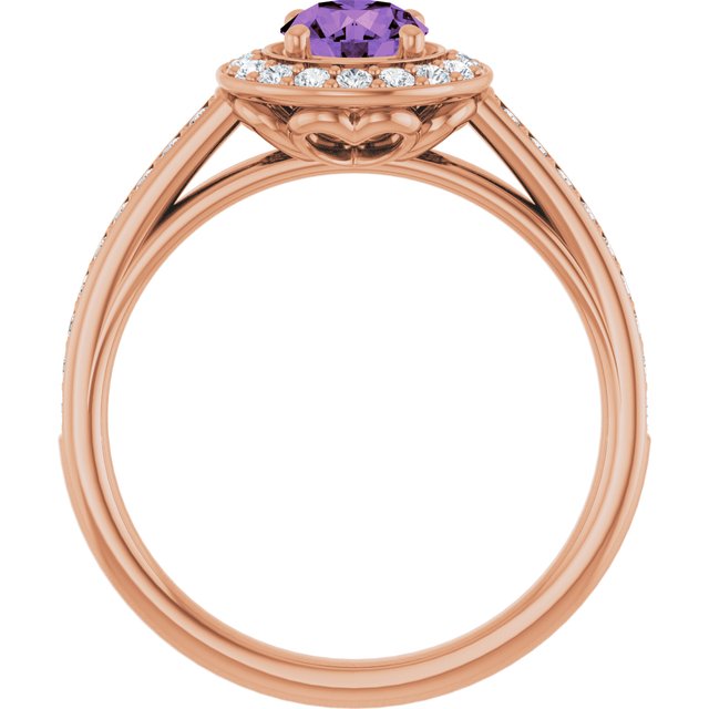 Round Amethyst Halo Ring with Diamond Accents in Gold and Platinum