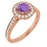 Round Amethyst Halo Ring with Diamond Accents in Gold and Platinum