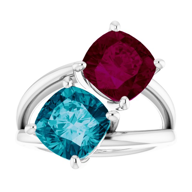 Cushion Multi-Gemstone Two Stone Ring in Gold and Platinum