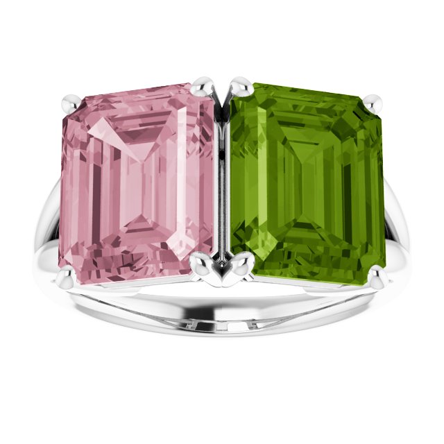 Emerald Peridot Two Stone Ring in Gold and Platinum