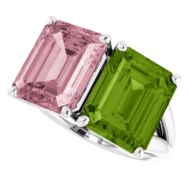 Emerald Peridot Two Stone Ring in Gold and Platinum