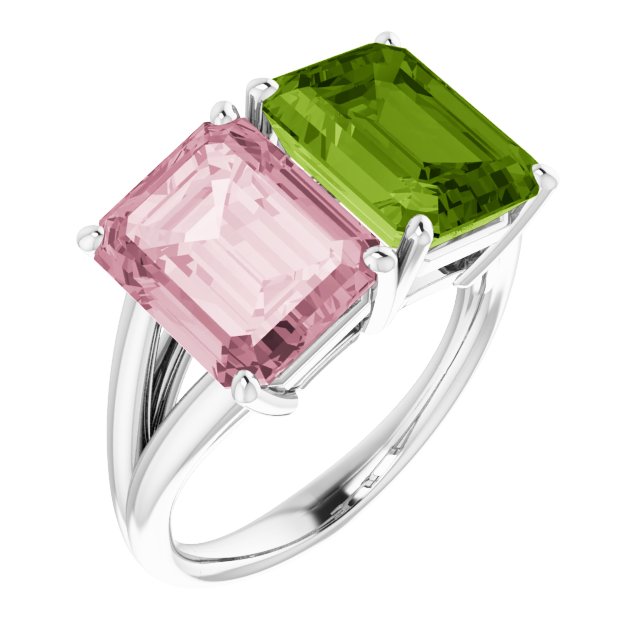 Emerald Peridot Two Stone Ring in Gold and Platinum
